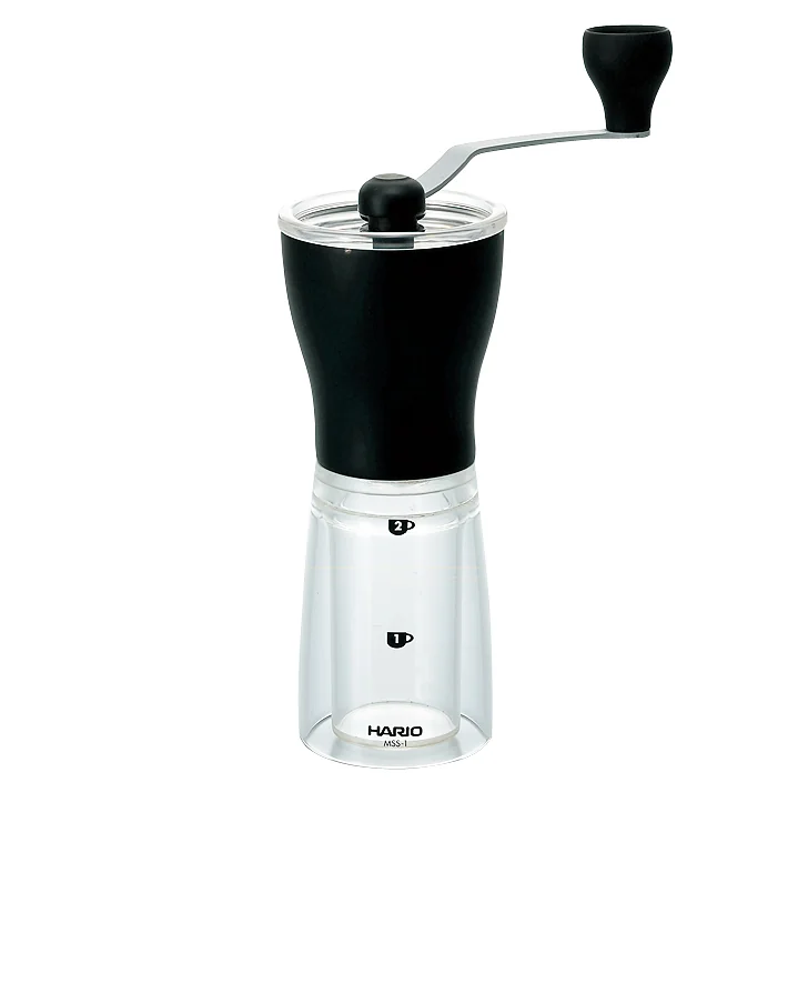Original black and clear HARIO Mini Mill Ceramic Slim with MSS-1 marking visible on its lower body
