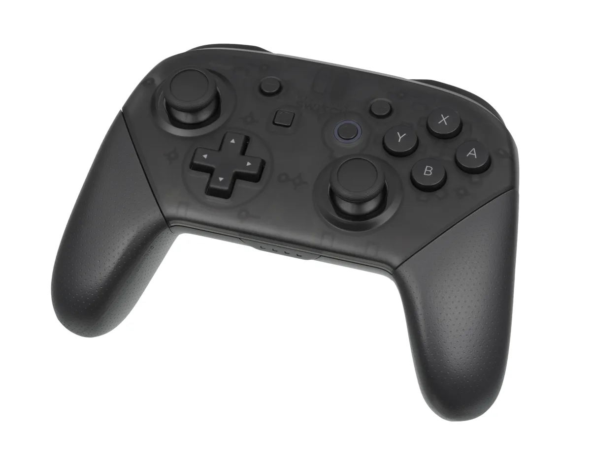 Original black Nintendo Switch Pro Controller viewed from the front-left; cable not pictured